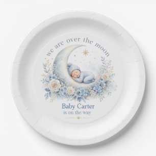 Over the Moon Blue Baby Shower with Custom Name Paper Plates