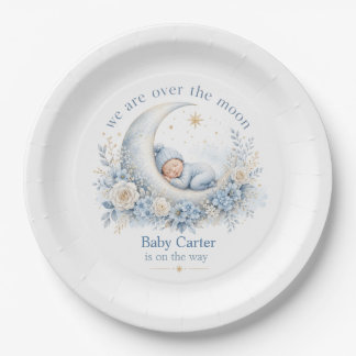 Over the Moon Blue Baby Shower with Custom Name Paper Plates
