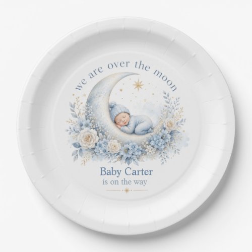 Over the Moon Blue Baby Shower with Custom Name Paper Plates