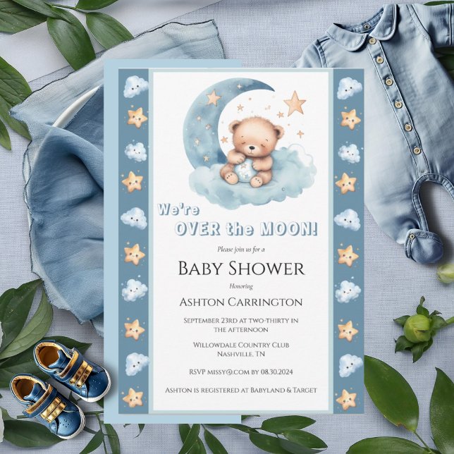 Over the Moon Blue Bear Watercolor Baby Shower Invitation (Creator Uploaded)