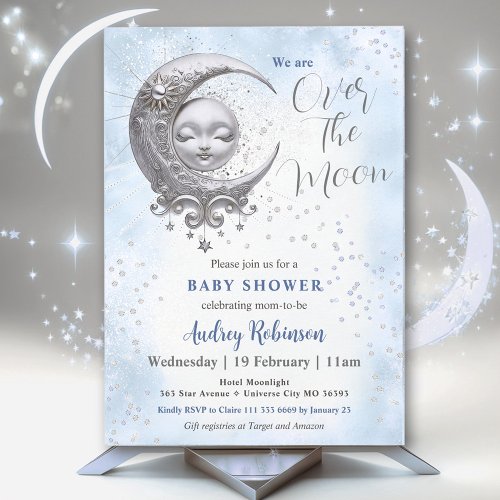 Over The Moon Blue Boy Baby Shower  Invitation