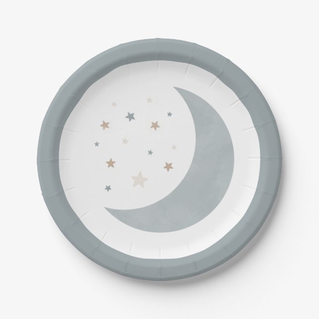 Over the Moon Blue Boy Baby Shower Paper Plates (Front)