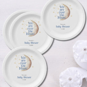 Over the Moon Blue Boy Baby Shower Paper Plates