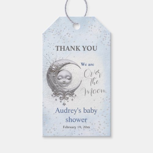 Over The Moon Blue Boy Baby Shower Tag