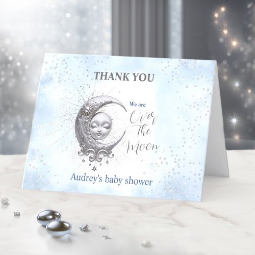 Over The Moon Blue Boy Baby Shower Thank You Card