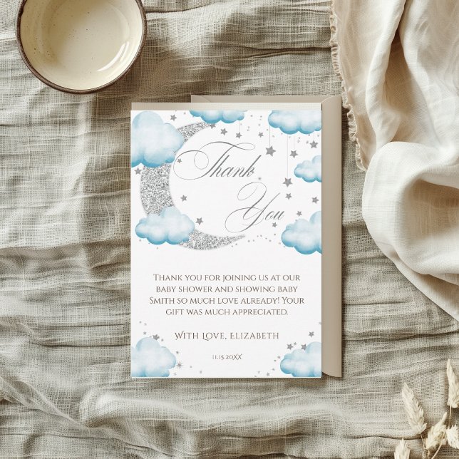 Over the Moon Blue Boy Baby Shower Welcome Thank You Card (Creator Uploaded)