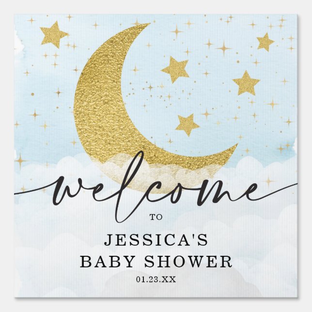 Over The Moon Blue Boy Baby Welcome Sign (Front)