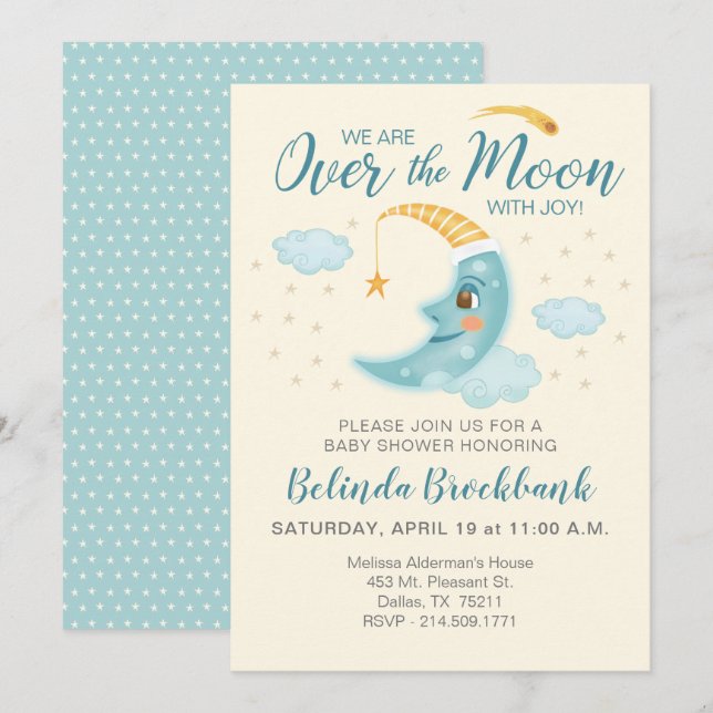 Over the Moon Blue Boy Space Baby Shower Invitation (Front/Back)