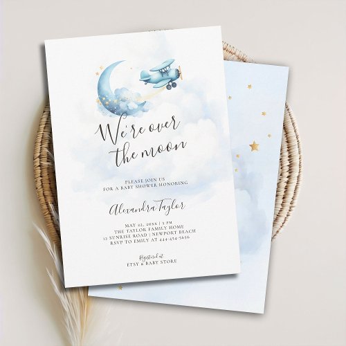 Over the Moon Blue Clouds Airplane Baby Boy Shower Invitation