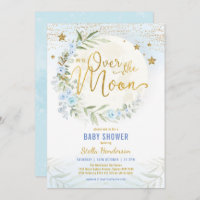 Over the Moon Blue Floral Greenery Boy Baby Shower Invitation