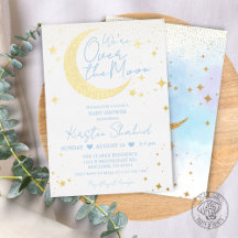 Over the Moon Blue Foil Baby Shower Invitation