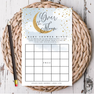 Over the Moon Blue & Gold Baby Paper Bingo Card