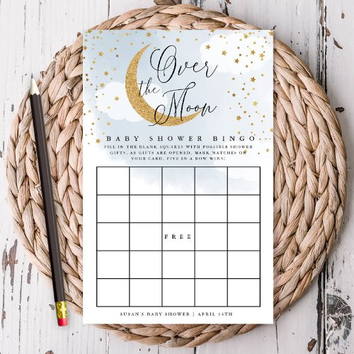 Over the Moon Blue  Gold Baby Paper Bingo Card