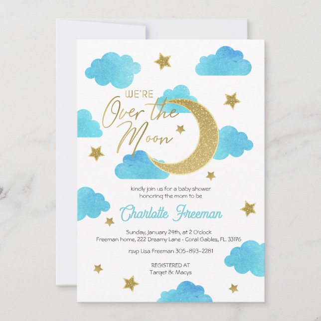 Over the Moon Blue & Gold Baby Shower Invite (Front)