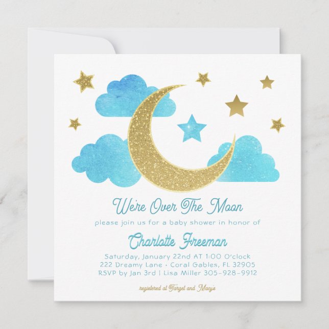 Over the Moon Blue Gold Baby Shower Invite (Front)