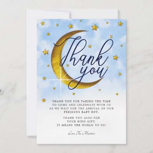 Over The Moon Blue Gold Baby Shower Thank You Card