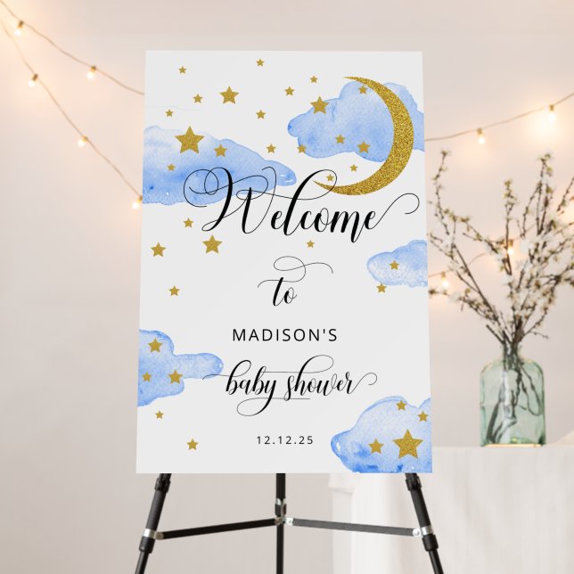 Over The Moon Blue Gold Baby Shower Welcome Sign (In Situ (Stand))