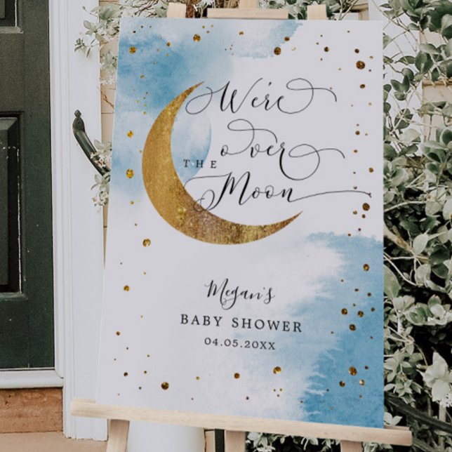 Over The Moon Blue Gold Baby Shower Welcome Sign (Creator Uploaded)