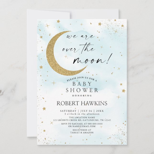 Over the Moon Blue Gold Boy Baby Shower Invitation (Front)