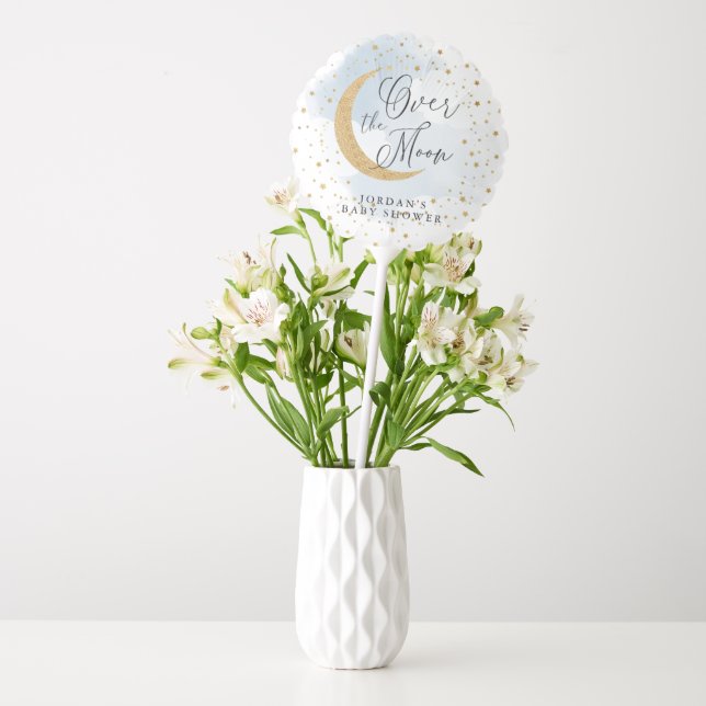 Over the Moon Blue Gold Glitter Baby Shower Custom Balloon (Vase)