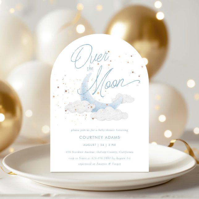 Over The Moon Blue Gold Stars Baby Shower Invitation (Creator Uploaded)