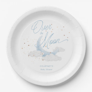 Over The Moon Blue Gold Stars Baby Shower Paper Plates