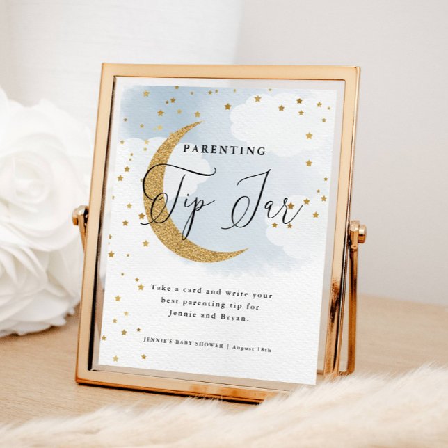 Over the Moon Blue Parenting Tips Baby Shower Game Poster (Over the Moon Blue, Parenting Tip Jar Display Sign for Baby Shower)