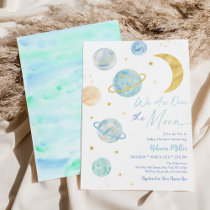 Over the Moon Blue Pastel Space Baby Shower Invitation