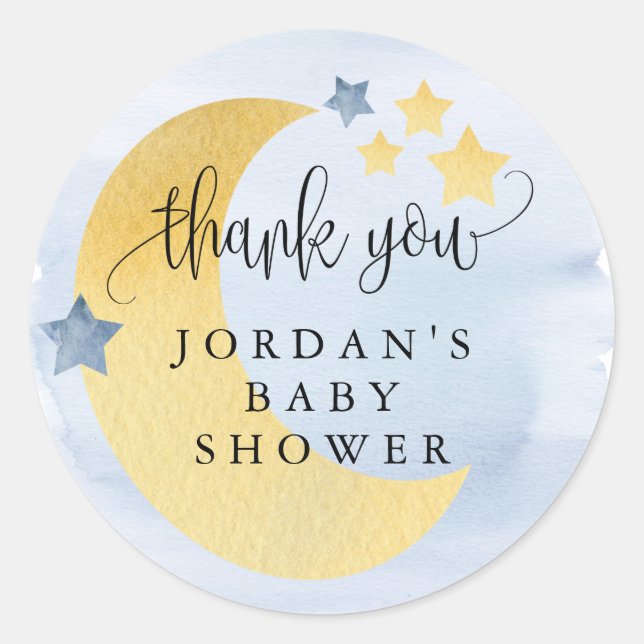 Over the Moon, Blue Personalized Baby Shower Favor Classic Round Sticker (Front)