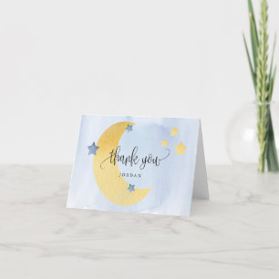 Over the Moon Blue Personalized Baby Shower Letterpress Thank You Card