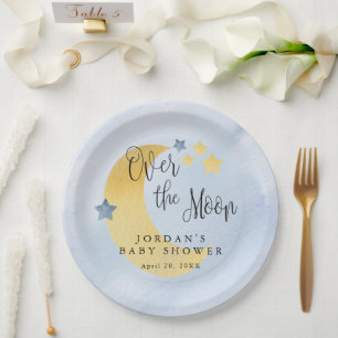 Over the Moon, Blue Personalized Baby Shower Paper Plates