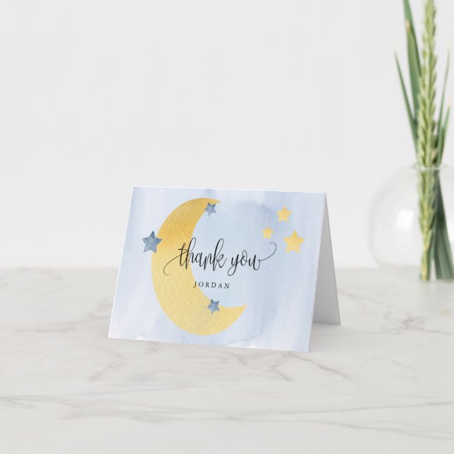 Over the Moon Blue Personalized Baby Shower  Thank You Card (Front)
