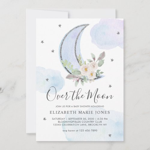 Over the Moon Blue Silver Floral Boy Baby Shower Invitation