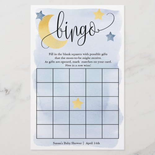 Over The Moon Blue Stars Bingo Paper Game Card