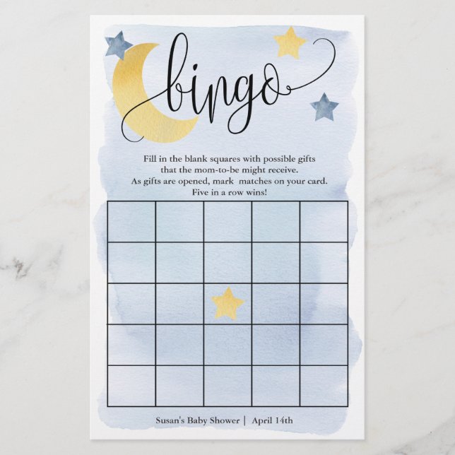 Over The Moon, Blue Stars Bingo Paper Game Card (Front)