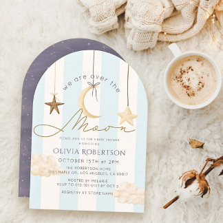 Over the Moon Blue Stripes Boy Baby Shower Invitation