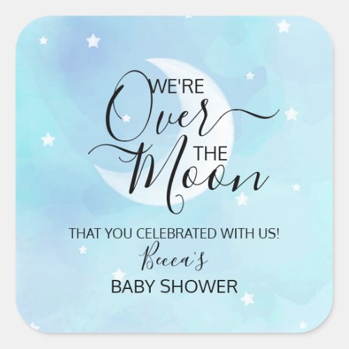 Over The Moon Blue Thank You Baby Shower Square Sticker