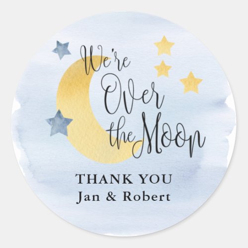 Over the Moon Blue Watercolor Baby Shower Favor C Classic Round Sticker