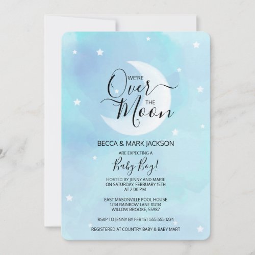 Over The Moon Blue Watercolor Baby Shower Invitation