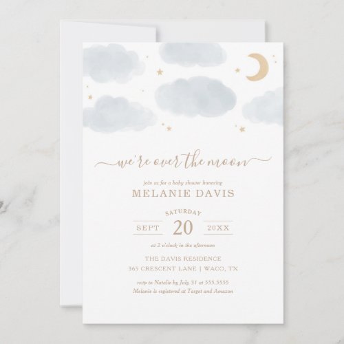 Over the Moon Blue Watercolor Baby Shower Invitation