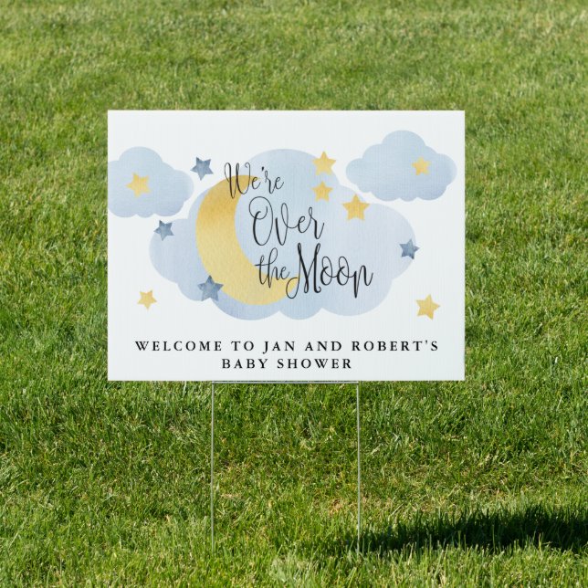 Over the Moon, Blue Watercolor Baby Shower Sign (Insitu)