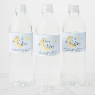 Over the Moon, Blue Watercolor Baby Shower Water Bottle Label