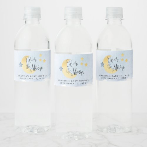 Over the Moon Blue Watercolor Baby Shower Water Bottle Label