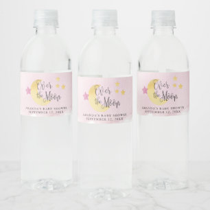 Over the Moon, Blue Watercolor Baby Shower Water Bottle Label