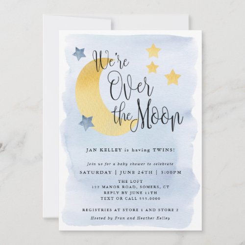 Over the Moon Blue Watercolor Twins Baby Shower I Invitation