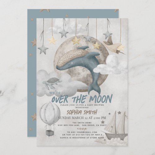 Over the Moon Blue Whale Boho Boy Baby Shower Invitation