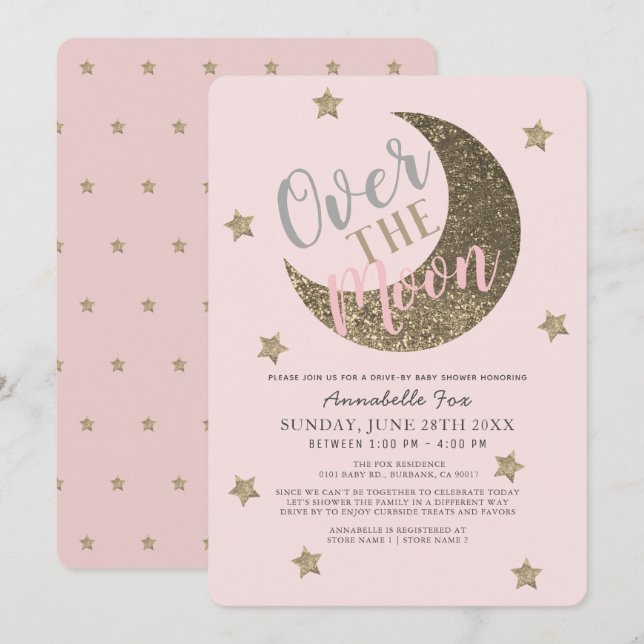 Over the Moon Blush Pink drive-by Baby Shower Invitation (Front/Back)