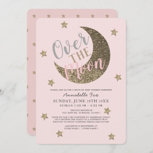 Over the Moon Blush Pink drive_by Baby Shower Invitation