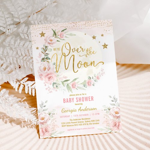 Over the Moon  Blush Pink Gold Girl Baby Shower Invitation