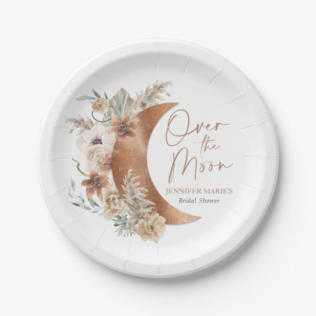 Over the Moon Boho Bridal Shower Paper Plates (Front)